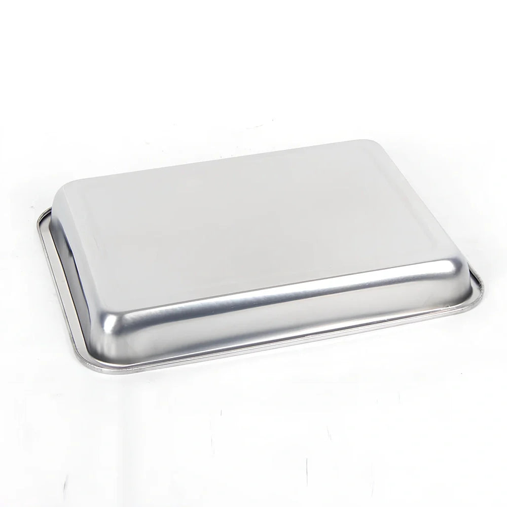 Stainless steel square food storage tray with mirror finish and smooth curled edges