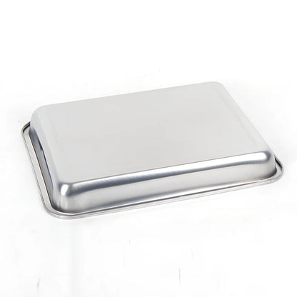 Stainless steel square food storage tray with mirror finish and smooth curled edges