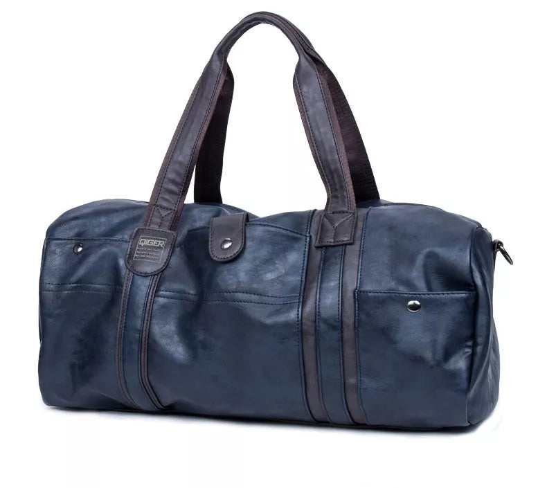 Portable Cylinder Leisure Travel Bag in blue, black, or brown with PU leather exterior