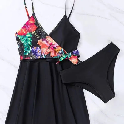 Black printed split style women's high waist briefs bikini for swimming and sports