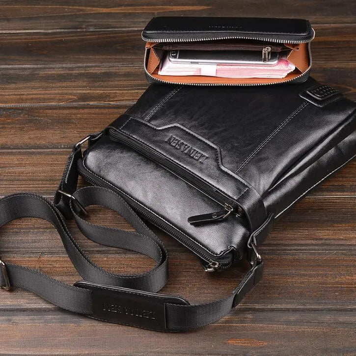 Men's soft messenger shoulder bag with zip closure and polyester lining in black, brown, or khaki