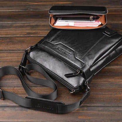 Men's soft messenger shoulder bag with zip closure and polyester lining in black, brown, or khaki