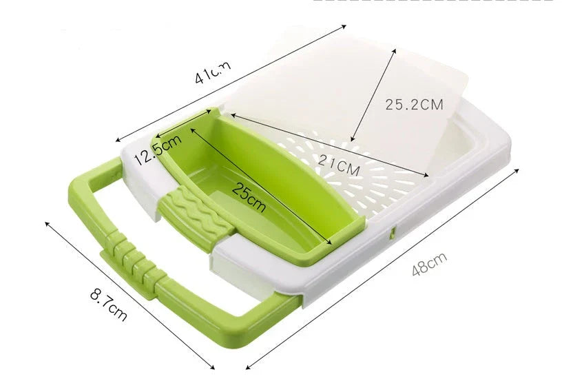 Versatile plastic cutting boards in gray, blue, and green colors with a stacking design for convenient storage