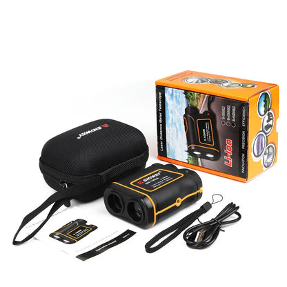 Outdoor handheld golf rangefinder with 1500m range, compact design, and display showing distance measurement