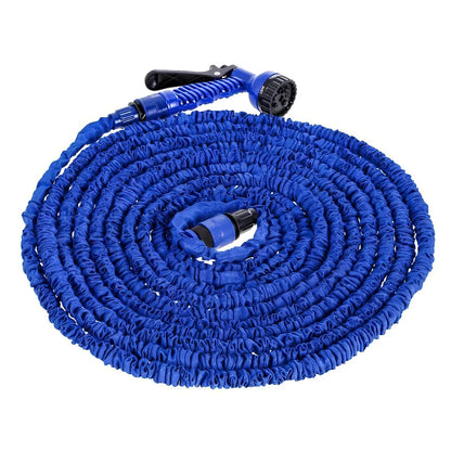 Blue telescopic water hose with high-pressure gun, expanded for use in garden watering