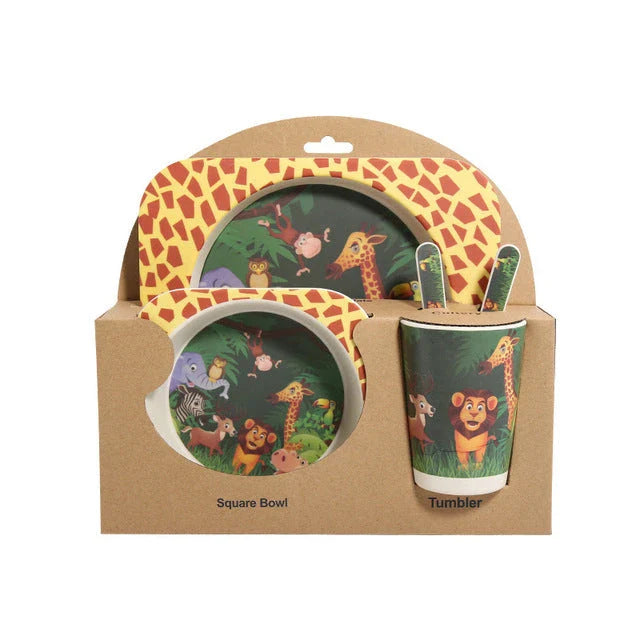 5-piece eco-friendly bamboo fiber children's tableware set with animal designs, including plate, bowl, cup, fork, and spoon