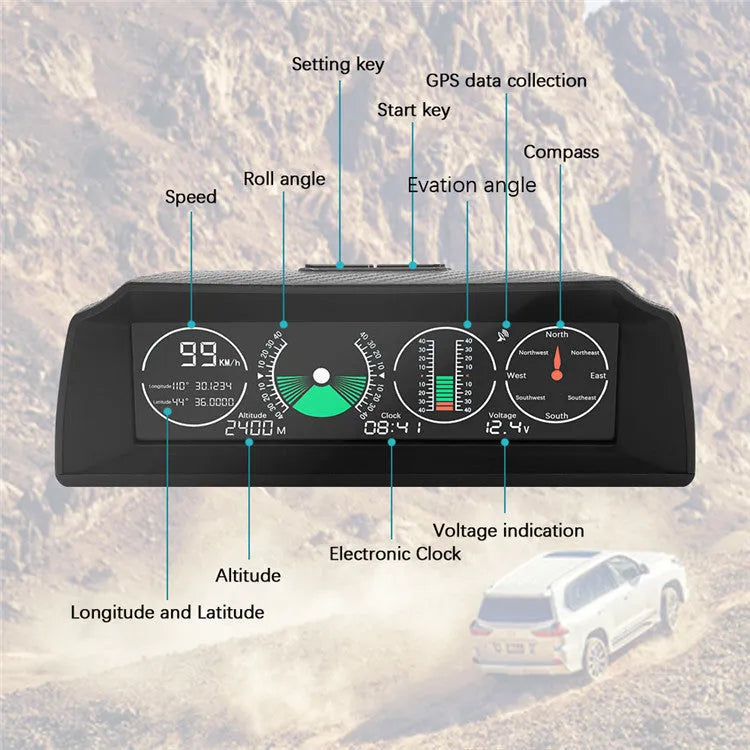 GPS GO 2 car heads-up display monitor showing speed, angle gradient, compass and altitude data on colour LCD screen