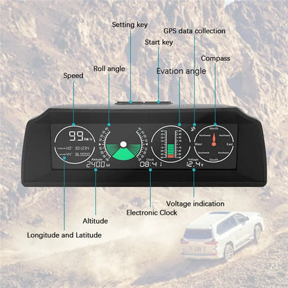 GPS GO 2 car heads-up display monitor showing speed, angle gradient, compass and altitude data on colour LCD screen
