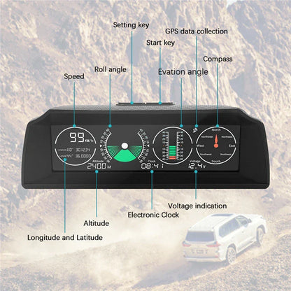 A sleek, carbon fiber-inspired GPS HUD display with precise speed, angle, and altitude monitoring for safer, more confident driving.