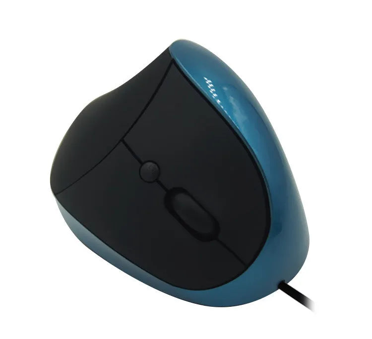 Ergonomic vertical wired computer mouse in black colour showing side profile