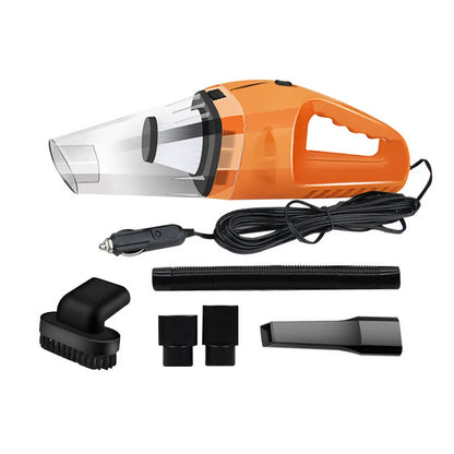 12V portable car vacuum cleaner in orange colour with power cord and interchangeable nozzles