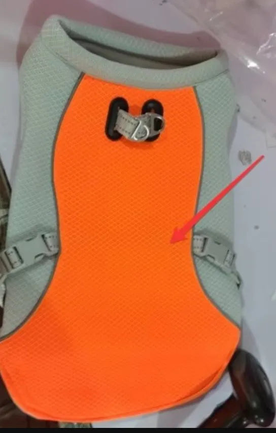 Orange polyester dog cooling vest showing layered construction and adjustable fit on a medium-sized dog.