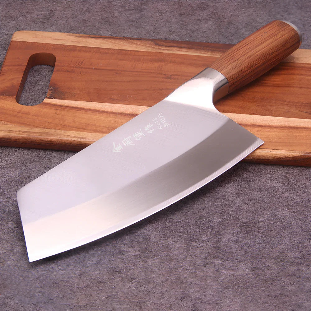 Stainless steel kitchen knife with 19.8cm blade and yellow wooden handle for food preparation