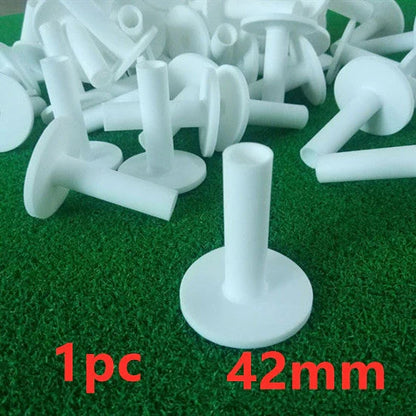 Premium white golf tees with adjustable heights ranging from 42mm to 80mm, presented in a 5-piece set for convenient use on the driving range or golf course