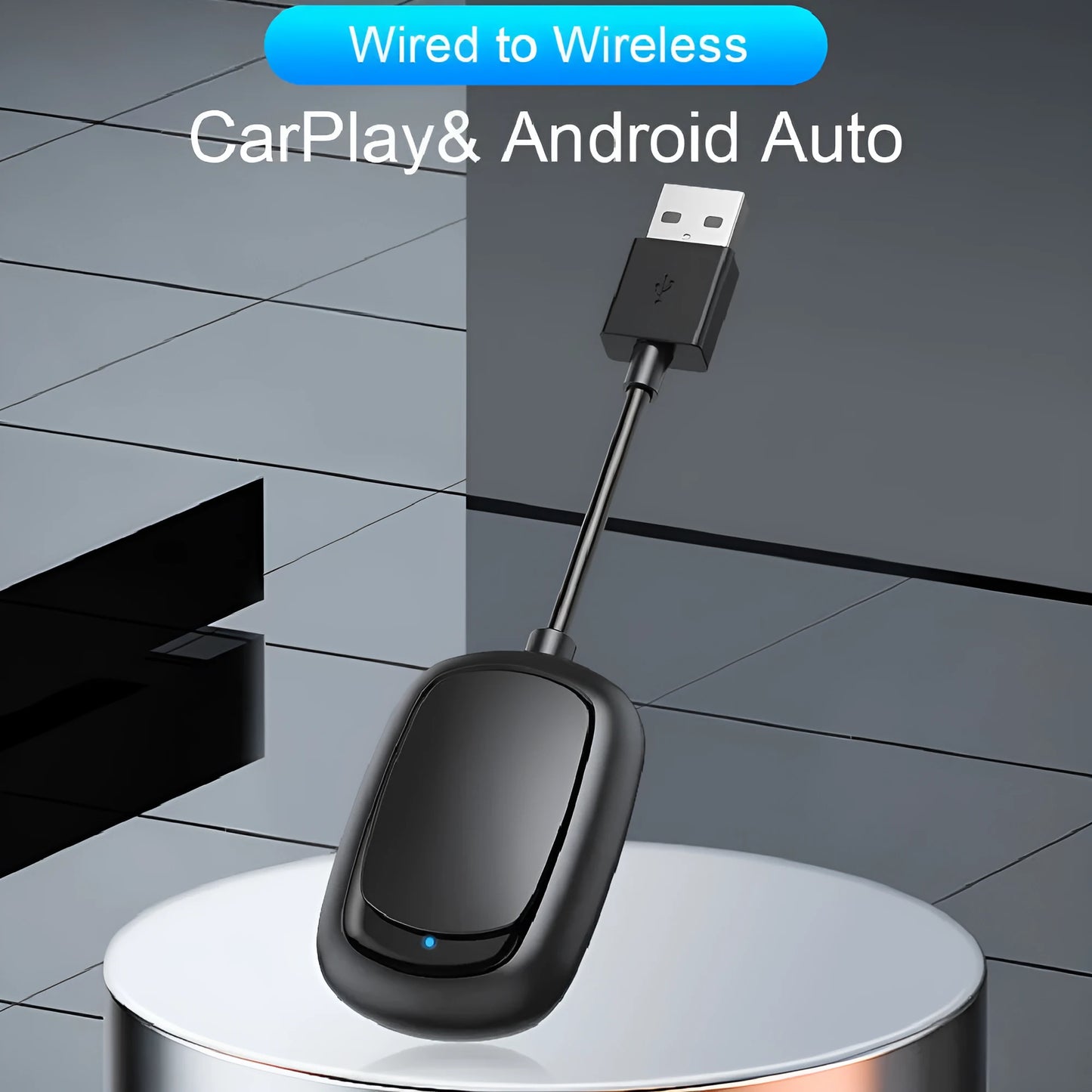 Wireless CarPlay and Android Auto 2-in-1 interconnection box with USB connector.