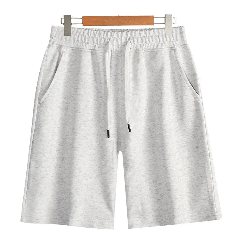 Men's straight-leg cotton casual shorts in light grey on a plain background.
