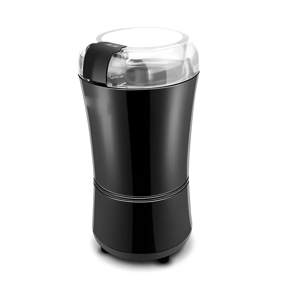 Black mini grinder with stainless steel liner measuring 94mm×68mm×198mm for grinding coffee and spices
