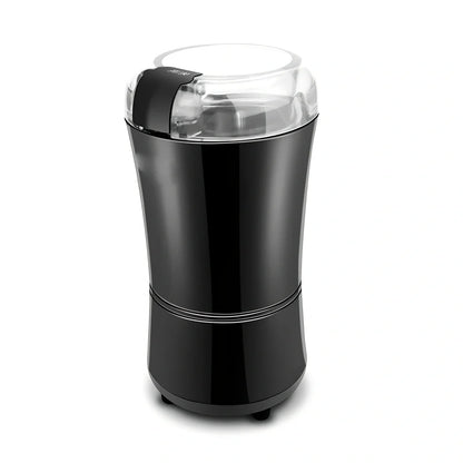 Black mini grinder with stainless steel liner measuring 94mm×68mm×198mm for grinding coffee and spices