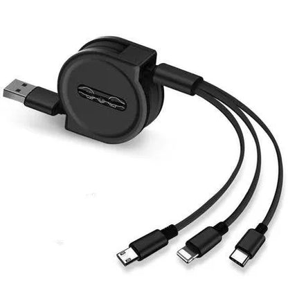 Black telescopic 3-in-1 USB charging cable extended to 120cm with three connectors on a white background.