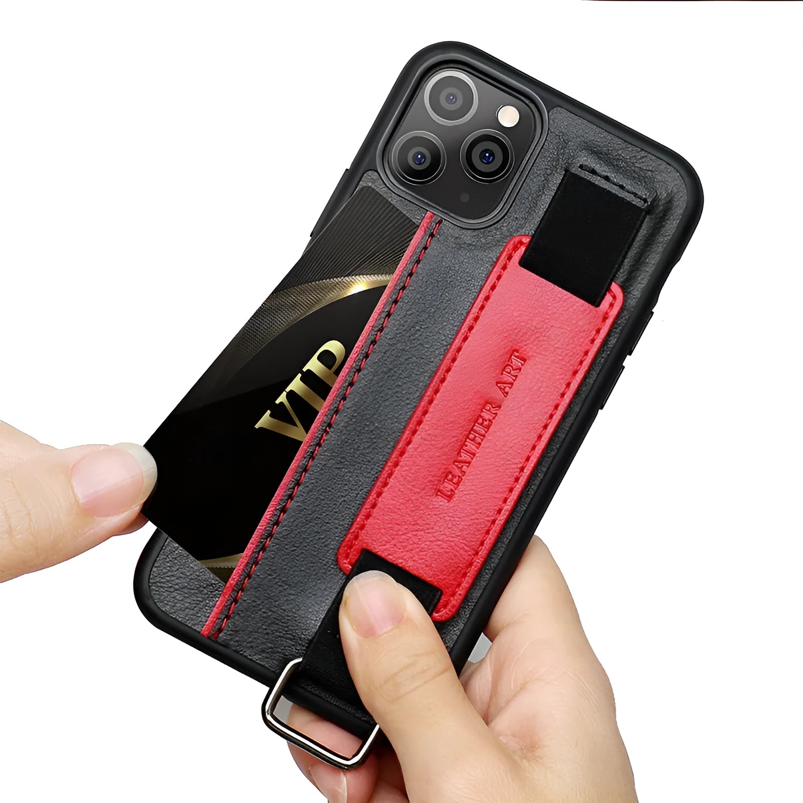 Brown imitation leather iPhone case with wrist strap attached, showing decorative stitching detail