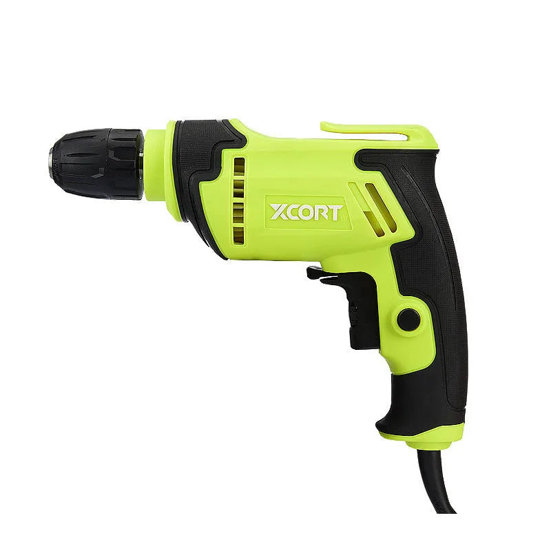 Pistol-grip electric drill with 450W motor, 10mm chuck, measuring 24cm by 24cm by 7cm