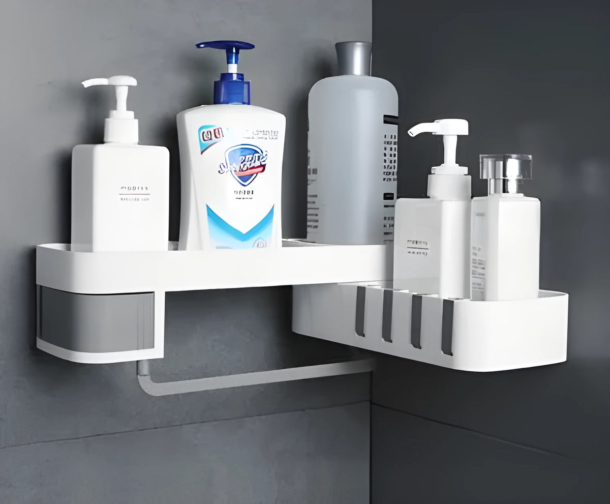 White and grey adhesive wall-mounted corner shelf unit for bathroom or kitchen.
