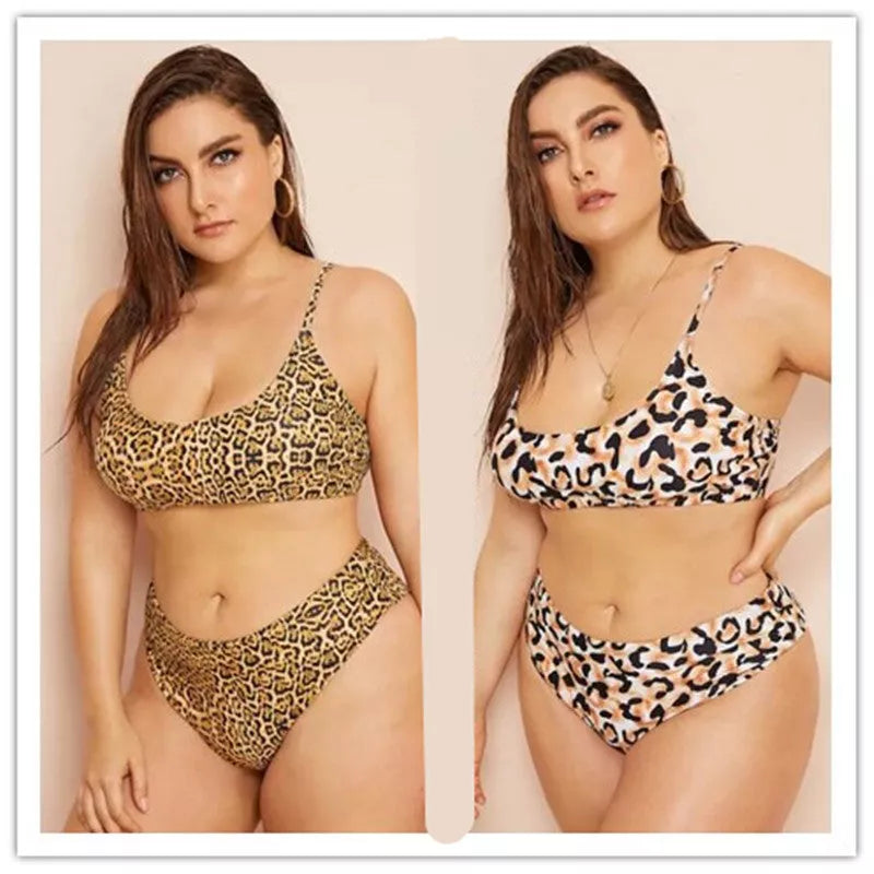 Plus size leopard print bikini with chest pad for summer beachwear