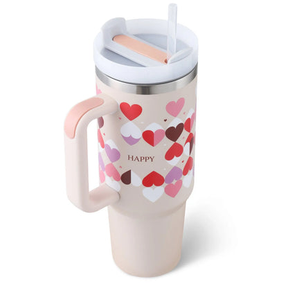 40 oz stainless steel insulated tumbler with handle and straw in tapered mug design