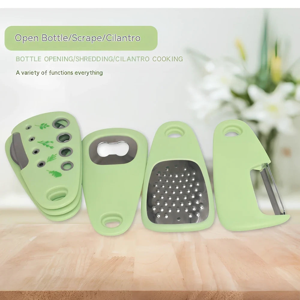 Six-piece kitchen gadget set with stainless steel slicing knives and garlic masher tools