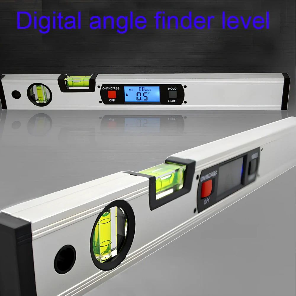 Magnetic digital angle meter with LCD display showing degree measurement on metal surface