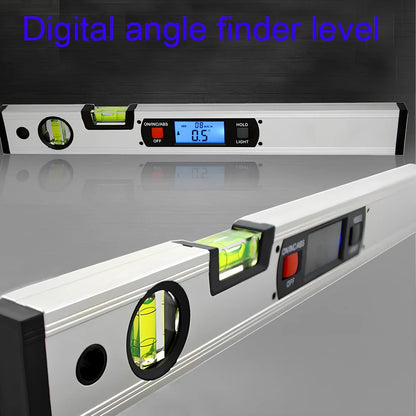 Magnetic digital angle meter with LCD display showing degree measurement on metal surface