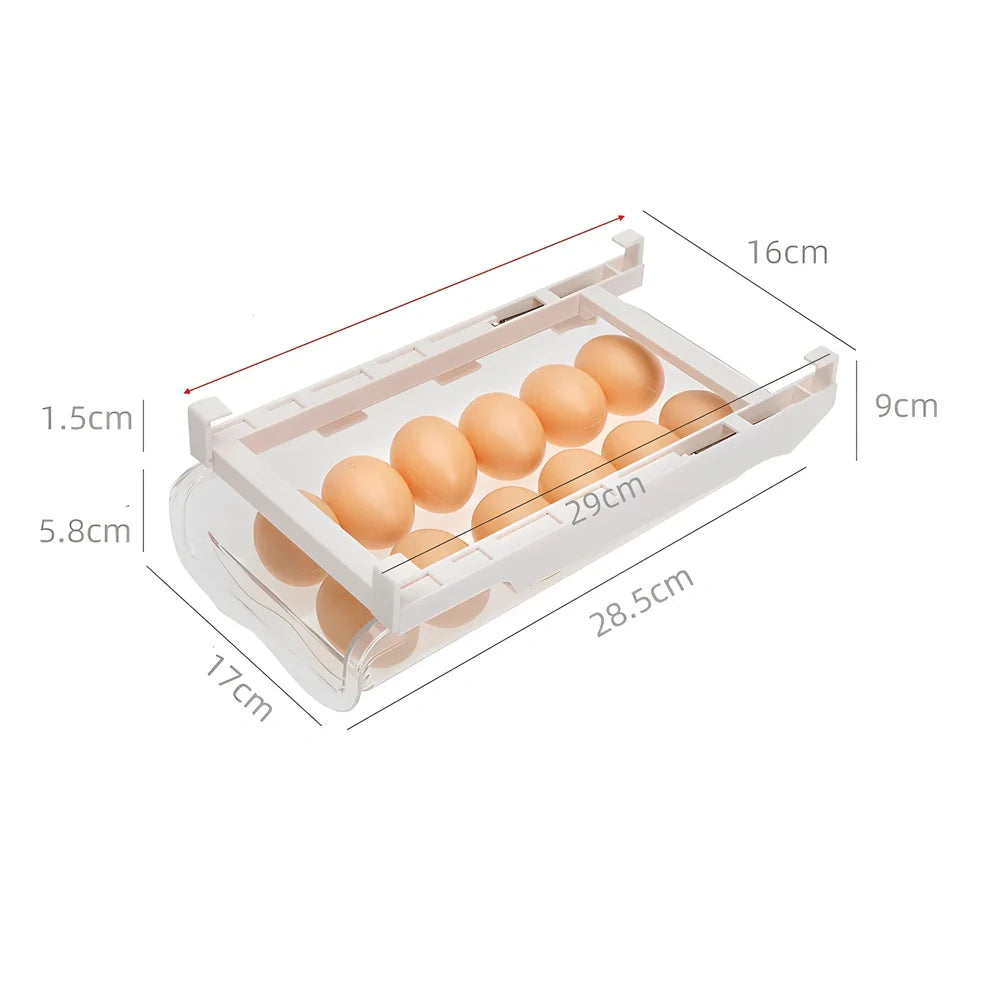 Transparent adjustable fridge egg storage rack with pull-out drawer holding 21 eggs, stackable for kitchen organisation