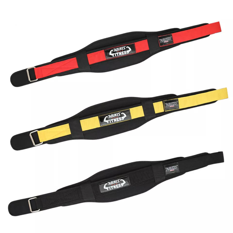 Nylon weightlifting squat belt protector in red, yellow, black for lumbar support during high-intensity training