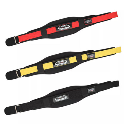 Nylon weightlifting squat belt protector in red, yellow, black for lumbar support during high-intensity training