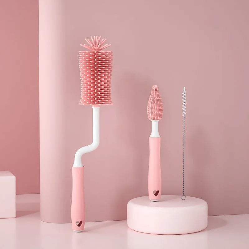 Silicone baby bottle brush with flexible handle and straw cleaning attachment in multiple colour options