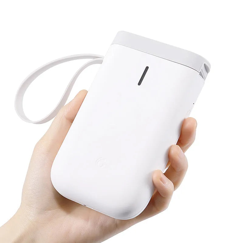 D11 Bluetooth thermal label printer in black, showing compact design and smartphone app connection