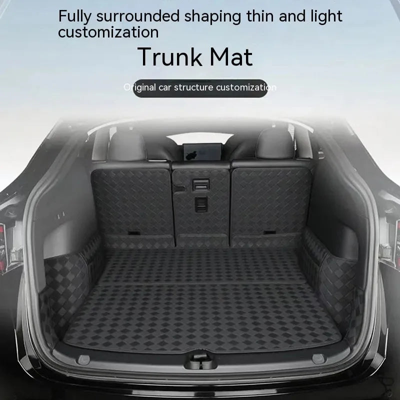 Tesla Model 3 and Model Y leather trunk mat in black PU leather with buckle fitting