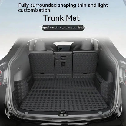 Tesla Model 3 and Model Y leather trunk mat in black PU leather with buckle fitting
