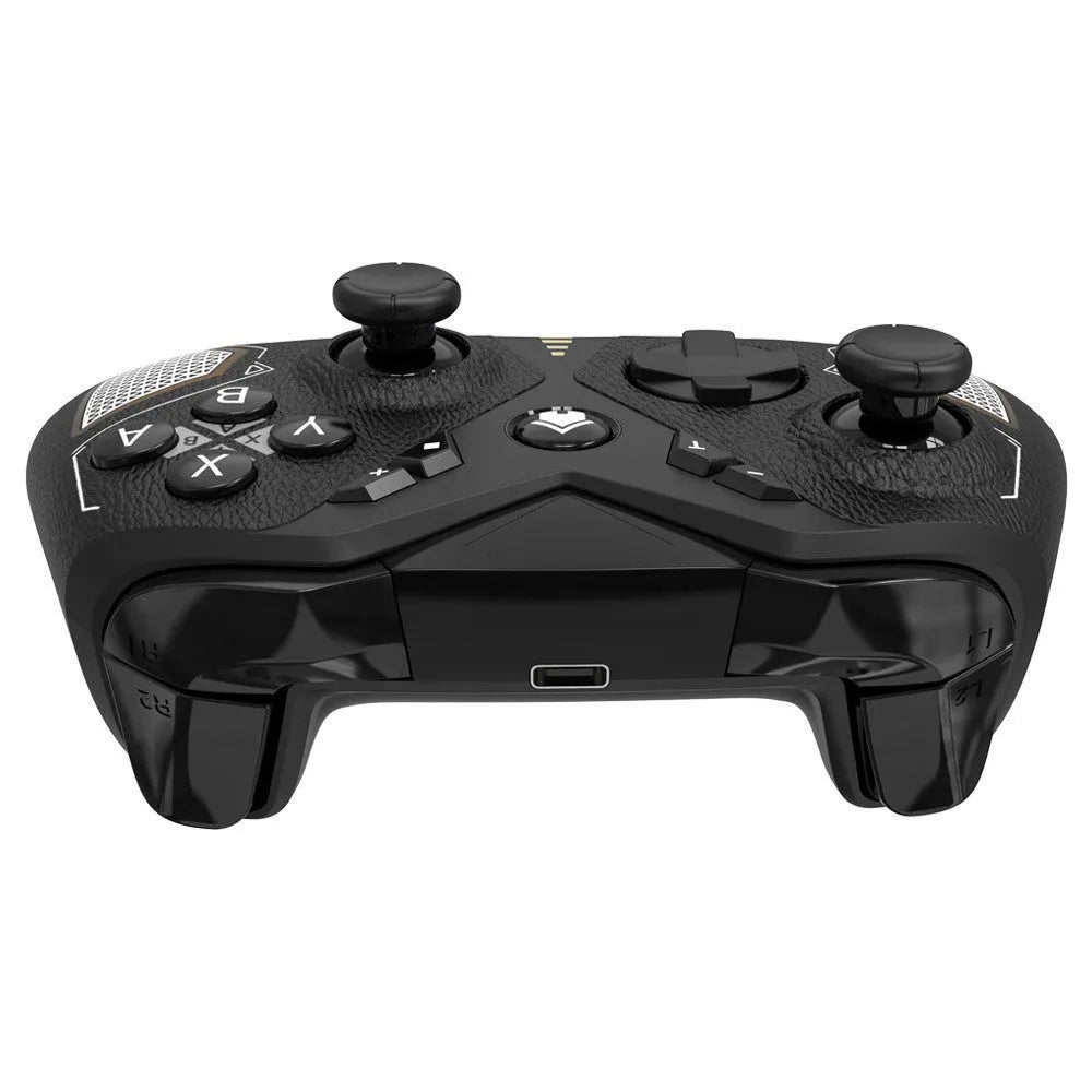 Black wireless game controller with leather-textured ABS plastic body, showing dimensions and Type-C port