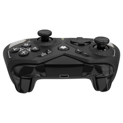 Black wireless game controller with leather-textured ABS plastic body, showing dimensions and Type-C port