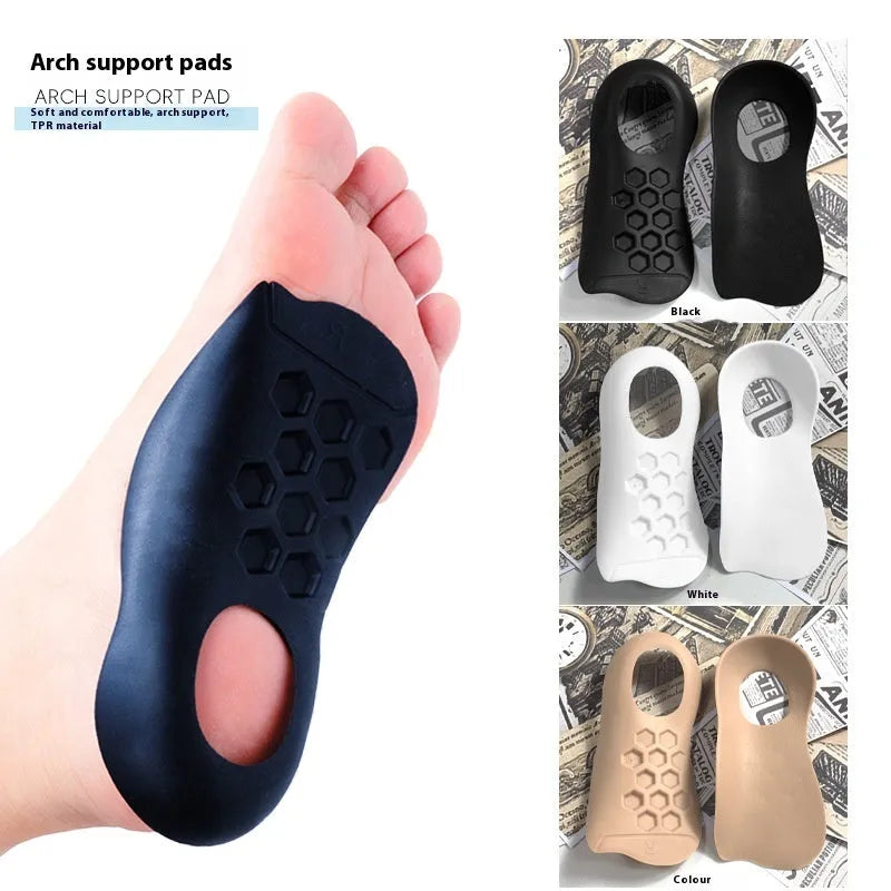 Pair of TPR varus correction arch support insoles in black, white, and skin colour options.