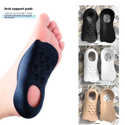 Pair of TPR varus correction arch support insoles in black, white, and skin colour options.