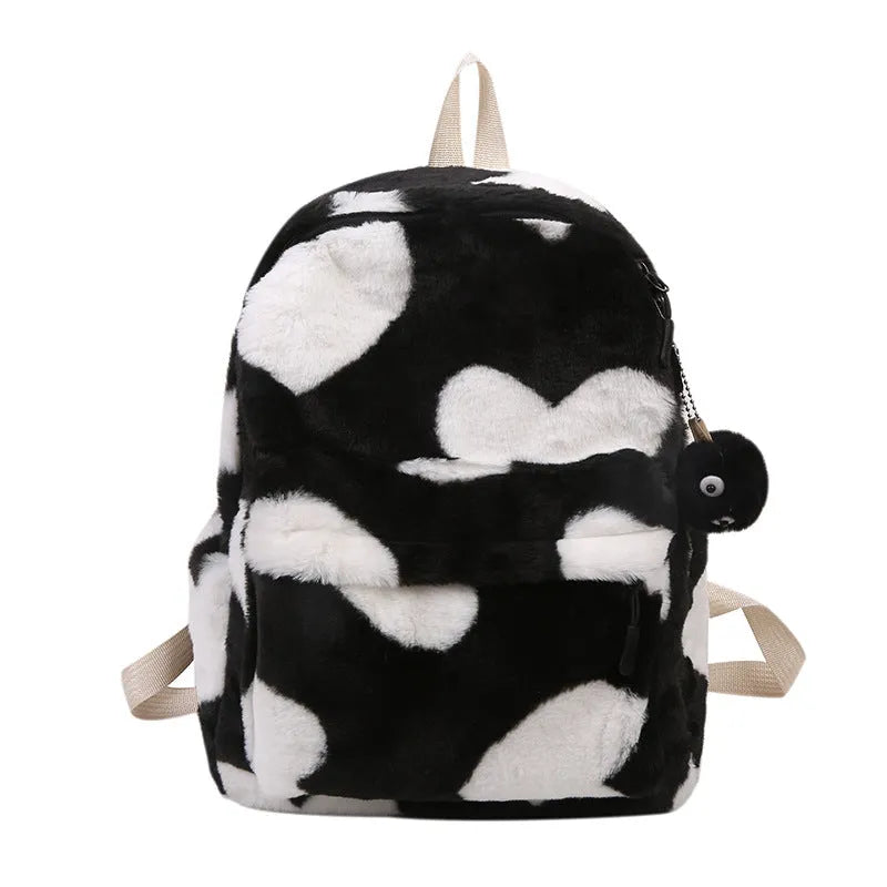 Furry plush backpack with heart pattern and three-dimensional outer pocket in khaki, green, black, pink or briquette