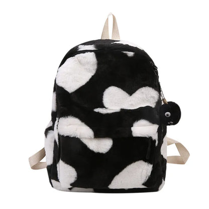 Furry plush backpack with heart pattern and three-dimensional outer pocket in khaki, green, black, pink or briquette