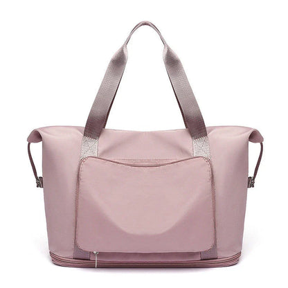 Roomy and foldable gym bag for women with waterproof Oxford fabric, multiple pockets, and wet/dry separation compartment