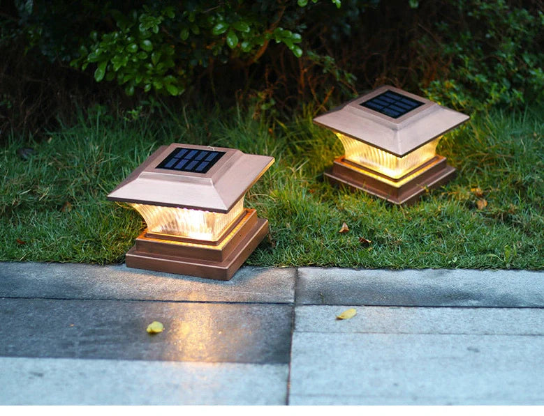 Solar lamp post headlamp with polycrystalline panel and ABS housing in black, copper, or tan finishes