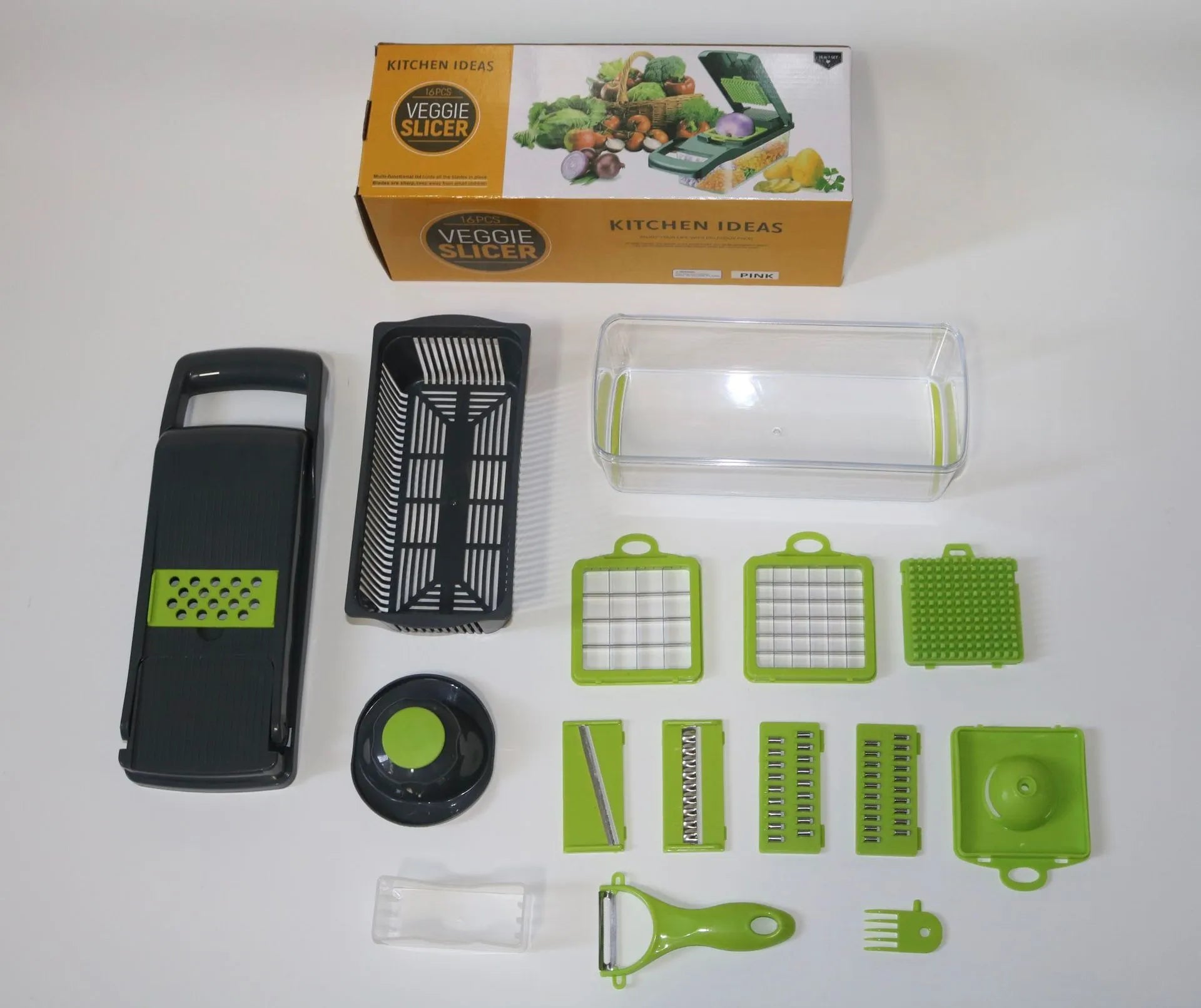 Grey vegetable cutter set with eight stainless steel blades and attachments including garlic press