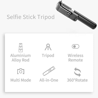 Black aluminium tripod selfie stick extended with iPhone attached showing length adjustment from 186mm to 700mm