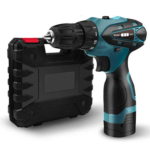 16.8V lithium electric drill with pistol grip showing variable speed trigger and chuck mechanism