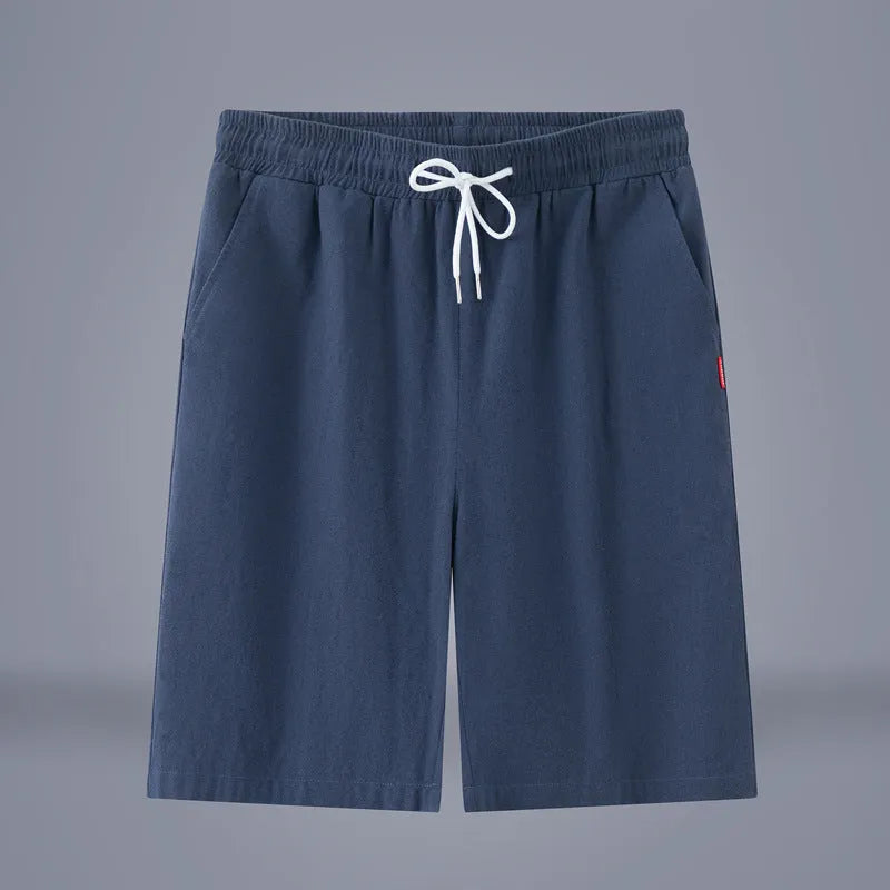 Chinese-style solid colour cropped pants with drawstring waist in cotton linen blend fabric